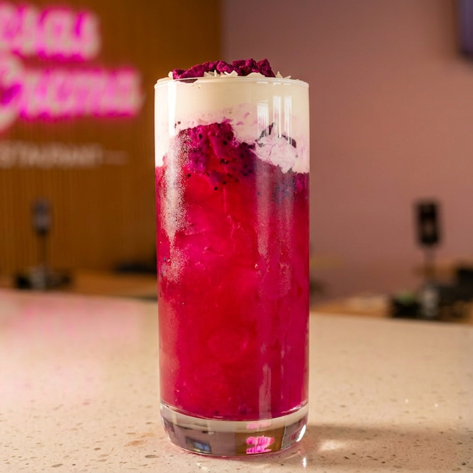 Vibrant pink dragon fruit drink with white foam and fruit chunks on a counter at Fresas & Crema.