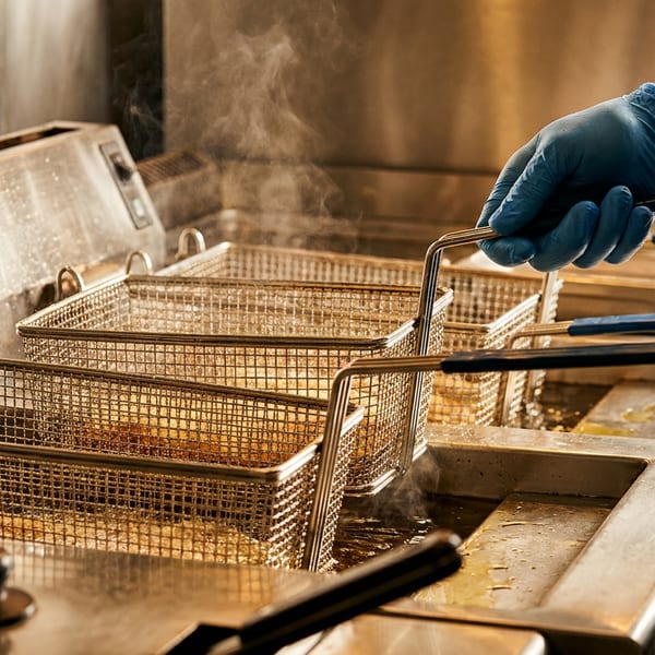 A gloved hand lowers a basket of food into a deep fryer, with steam rising from the hot oil.