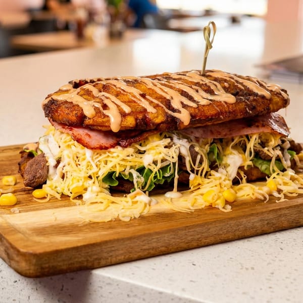 A large, loaded plantain sandwich with bacon, cheese, lettuce, and sauce on a wooden board.